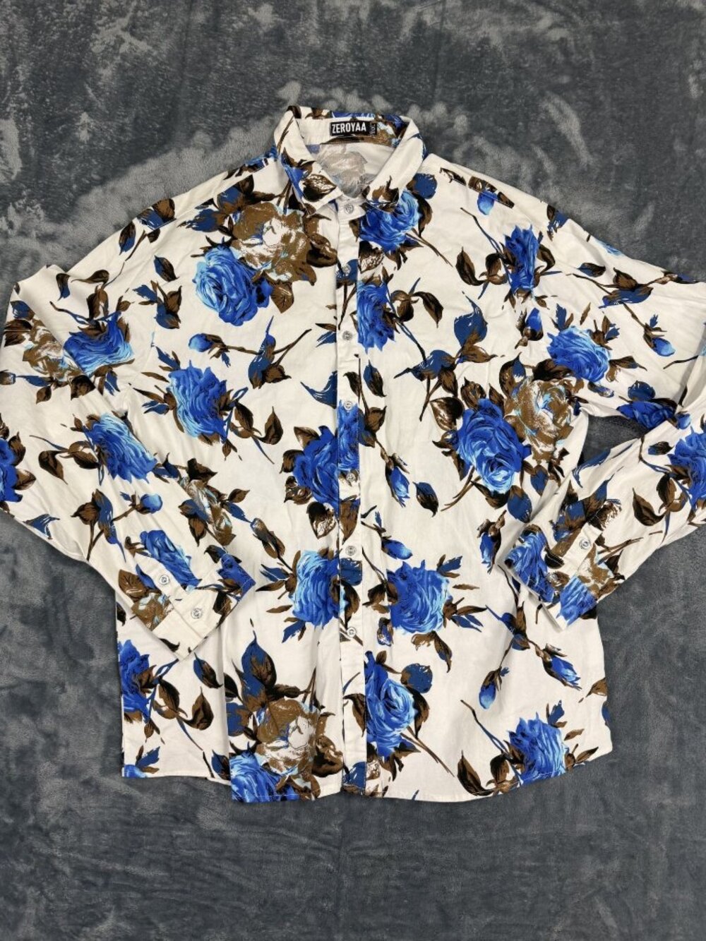 Zeroyaa Mens White & Blue Floral Rose Button-Up Long Sleeve Shirt XXXL
